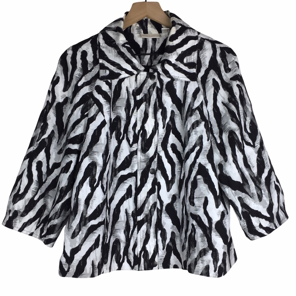 CHICO’S Jacket Zebra Animal Print 3/4 Sleeve Full Zip Black White Size 1 Medium